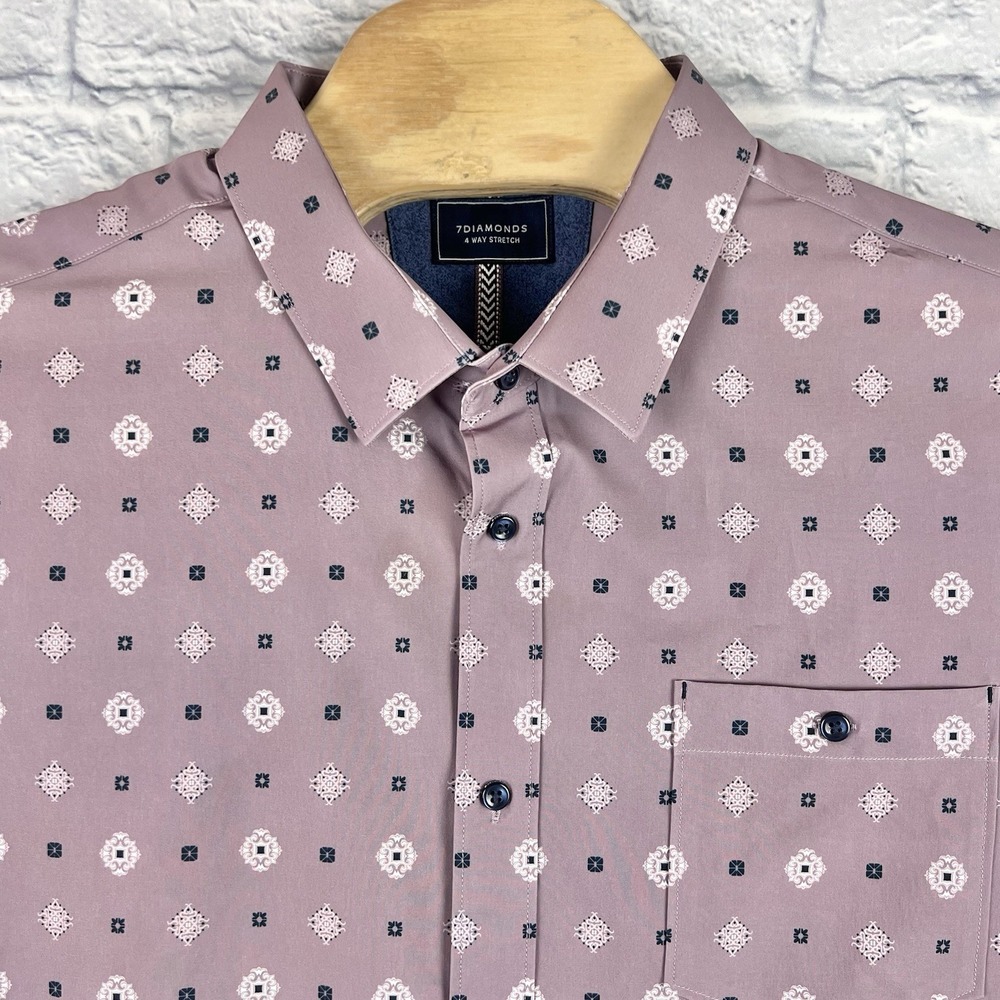 7Diamonds 4 Way Stretch Men Pink Geometric Short Sleeve Button Up Shirt Size 2XL